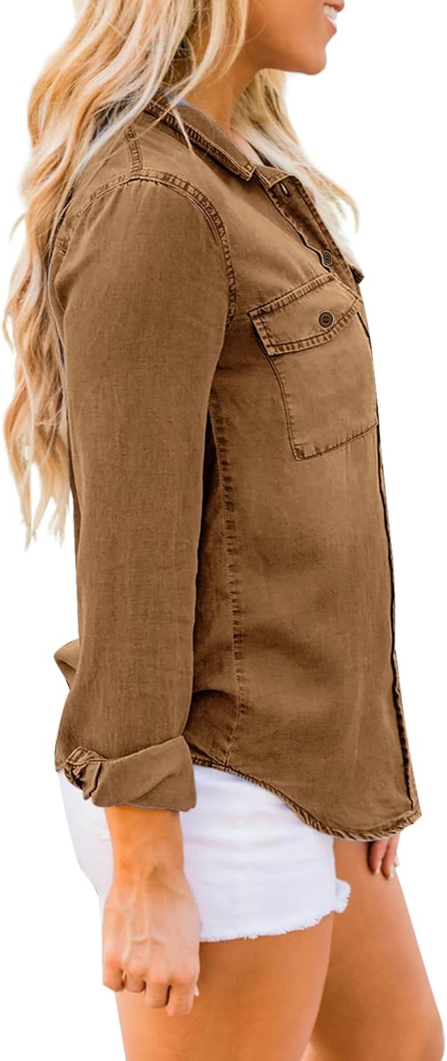 Roskiky Damen Jeanshemd - Damen Western Hemden Tunika Langarm Button Down Oberteile XS Mandelbraun,