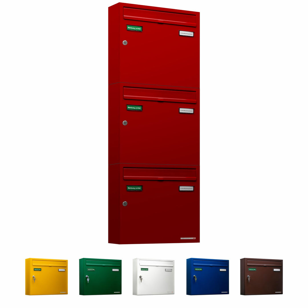 AL Briefkastensysteme Basic 3er Briefkasten RAL 3000 Feuer Rot 3 Fächer DIN A4 wetterfest Briefkaste