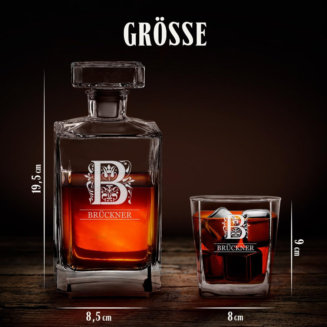 Maverton Whiskey Karaffe + 4er Whiskygläser Set mit Gravur - 700ml Whisky Dekanter - Geschenk zum Ge