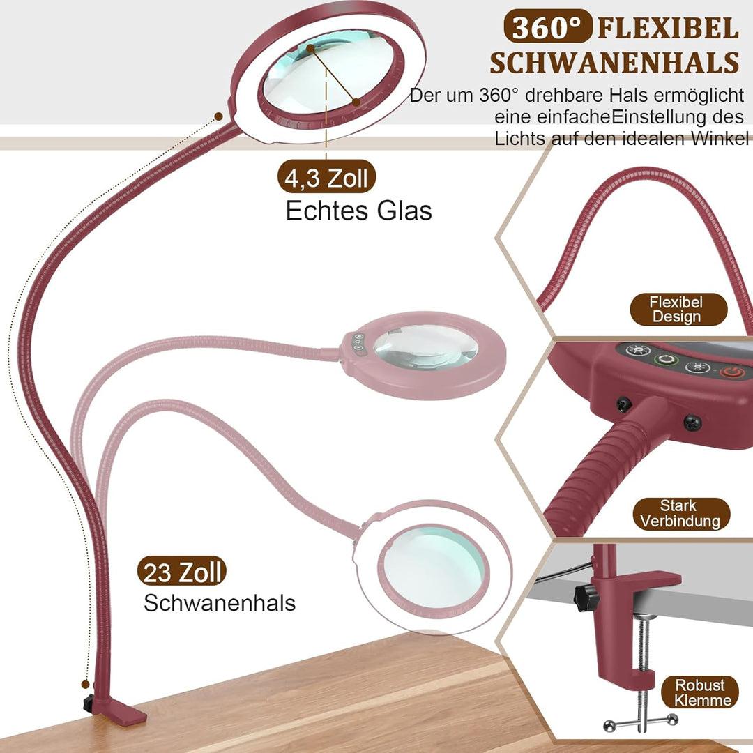Veemagni 12X Lupe mit Licht und Klemme, Echtes Glas Lupenlampe, 5 Farbmodi Stufenlos Dimmbare, 23 Zo
