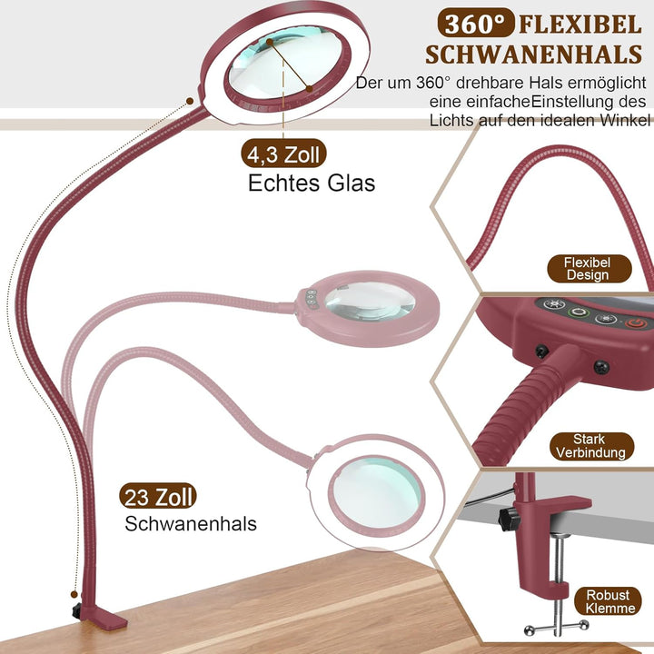 Veemagni 12X Lupe mit Licht und Klemme, Echtes Glas Lupenlampe, 5 Farbmodi Stufenlos Dimmbare, 23 Zo