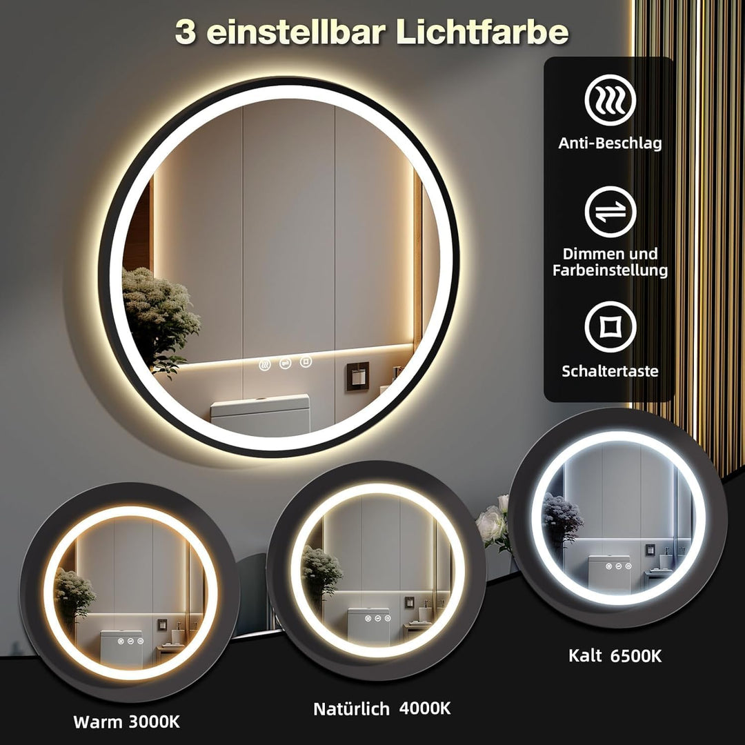Runder Spiegel mit Beleuchtung 60cm, Badezimmerspiegel Led Badspiegel Rund mit 3 Lichtfarben Dimmbar