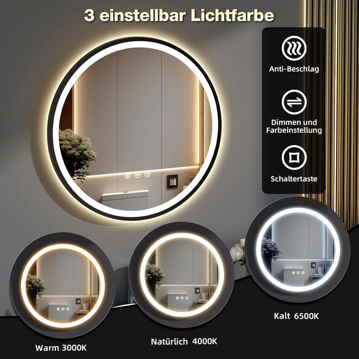 Runder Spiegel mit Beleuchtung 60cm, Badezimmerspiegel Led Badspiegel Rund mit 3 Lichtfarben Dimmbar