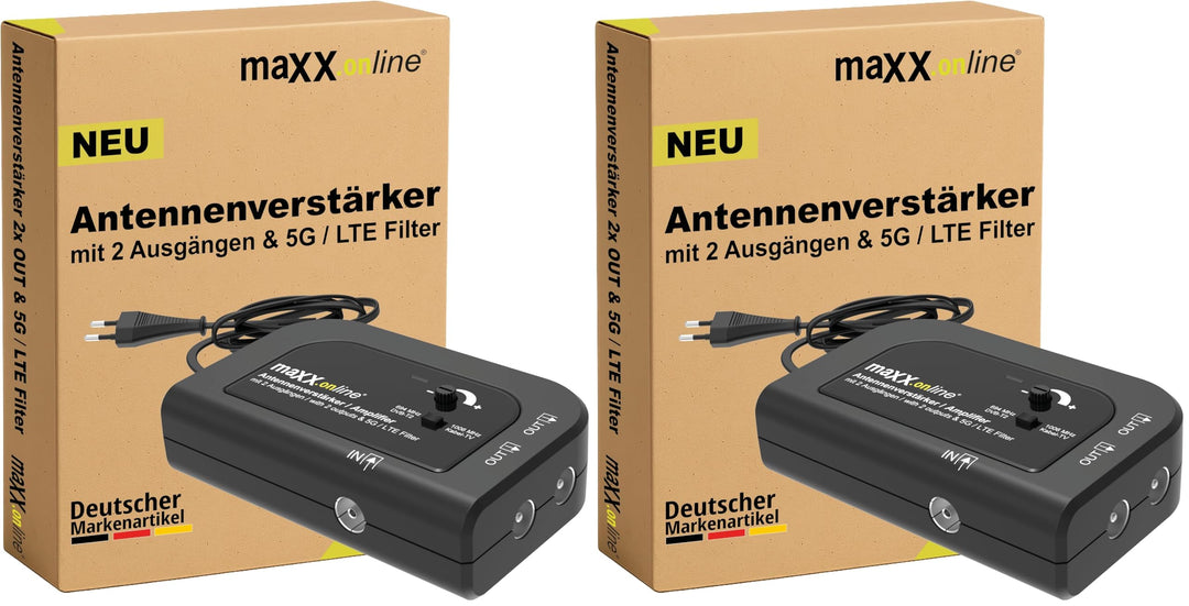 Antennenverstärker mit 2 Ausgängen, Verstärkung 20 dB, 5G / LTE Filter für DVB-T2, Kabelfernsehen, K
