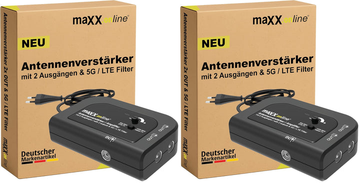 Antennenverstärker mit 2 Ausgängen, Verstärkung 20 dB, 5G / LTE Filter für DVB-T2, Kabelfernsehen, K