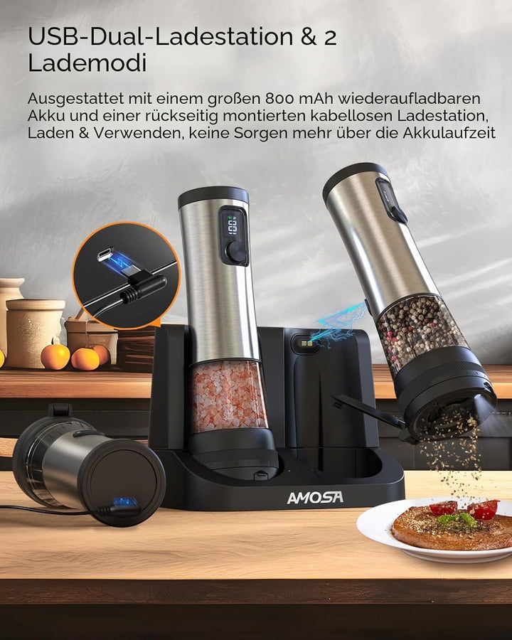 AMOSA Salz Und Pfeffermühle Elektrisch Set, Verbesserte 2-Gang-Stellung | 5 Stufen Äusserlich Verste