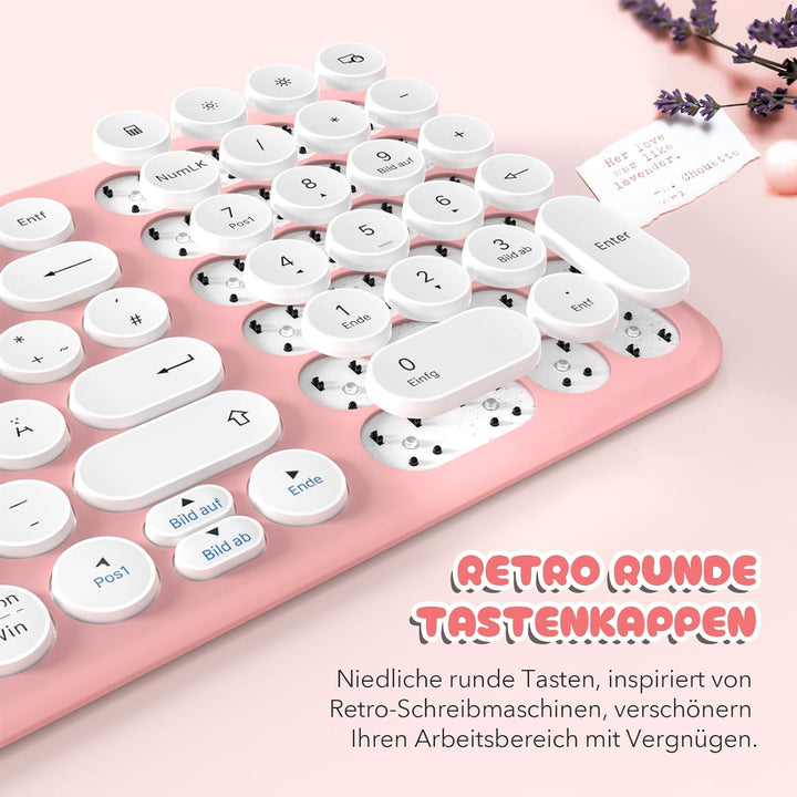 XTREMTEC kabellose Tastatur und Maus,Retro runde Schreibmaschine Tastatur,Slim Funktastatur leise Se