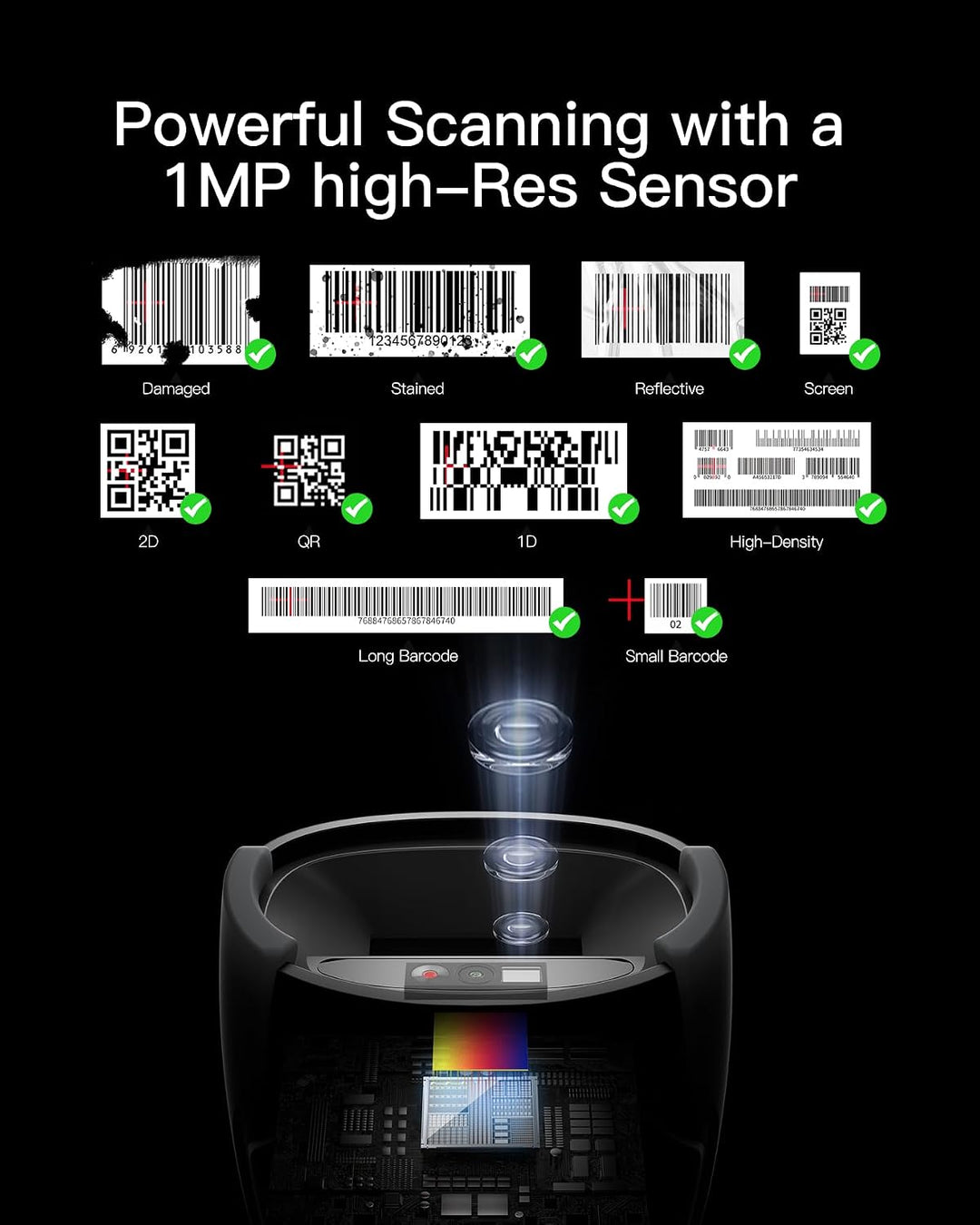 Inateck Barcode Scanner Bluetooth 2D 1D QR, 2x2000mAh Wechselakku, USB-C | QR Code Scanner PDF417, m