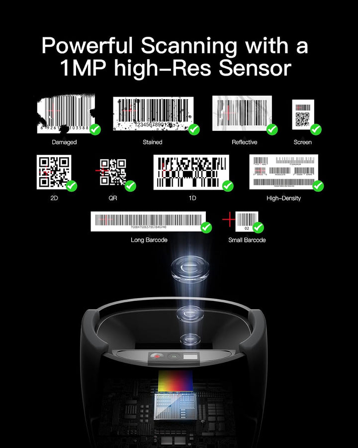 Inateck Barcode Scanner Bluetooth 2D 1D QR, 2x2000mAh Wechselakku, USB-C | QR Code Scanner PDF417, m