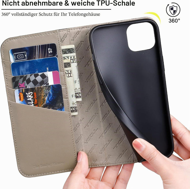VISOUL iPhone 14 Plus Hülle, Handyhülle [100% Carbon Leder] [RFID Schutz] [Schützt vor Stoss] [Stand