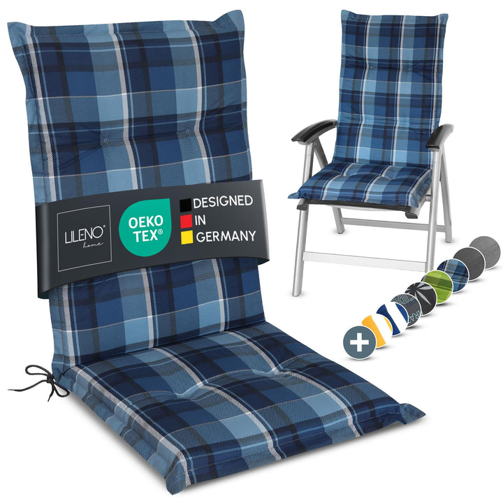 LILENO HOME Gartenstuhl Auflagen als [1er Set - Hochlehner] in Karo Blau - Bequeme Liegen als Sitzau