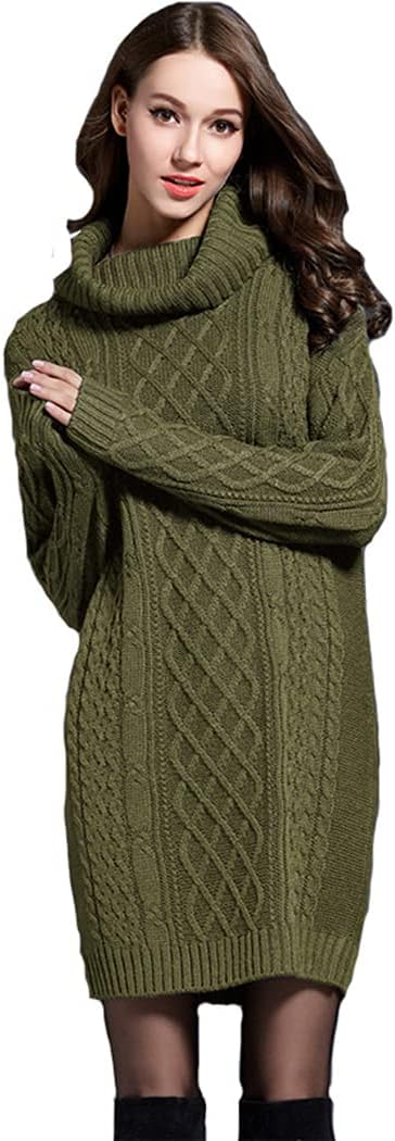 Damen Strickkleider Langarm Rollkragen PulloverKleid Pullikleid Einfarbig Minikleid Casual Lose Wick