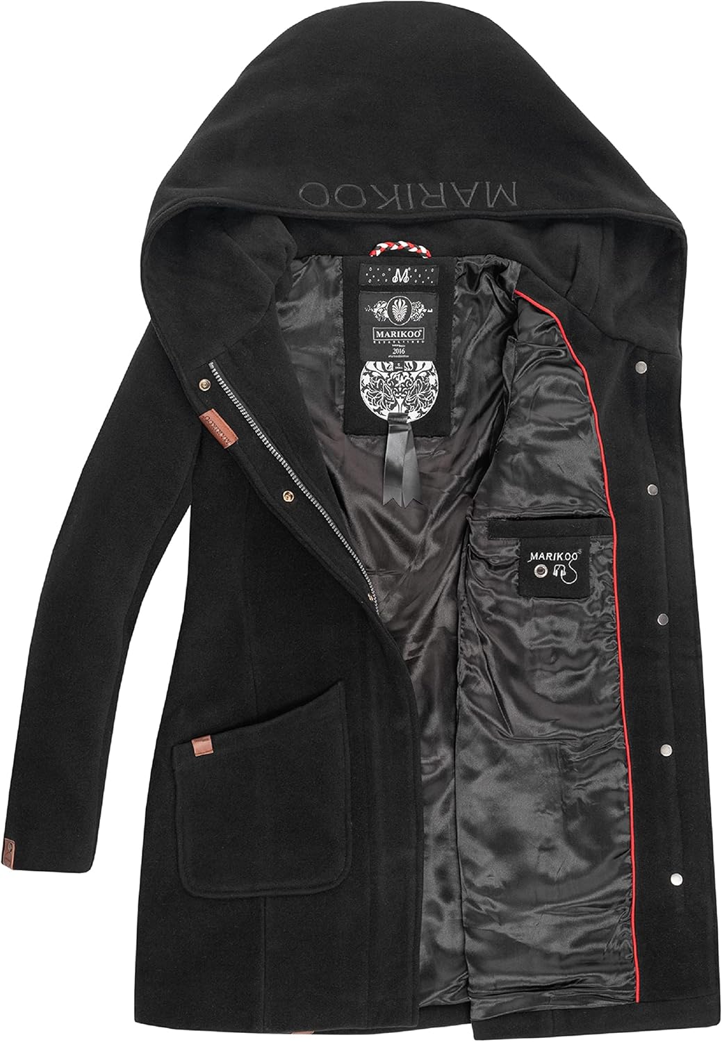 MARIKOO Damen Mantel in Wollmantel-Optik warmer Trenchcoat mit Kapuze Maikoo XS-5XL M Schwarz, M Sch