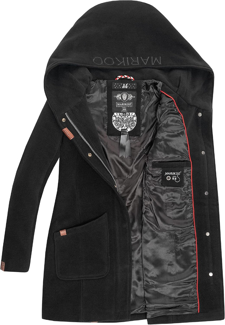 MARIKOO Damen Mantel in Wollmantel-Optik warmer Trenchcoat mit Kapuze Maikoo XS-5XL M Schwarz, M Sch