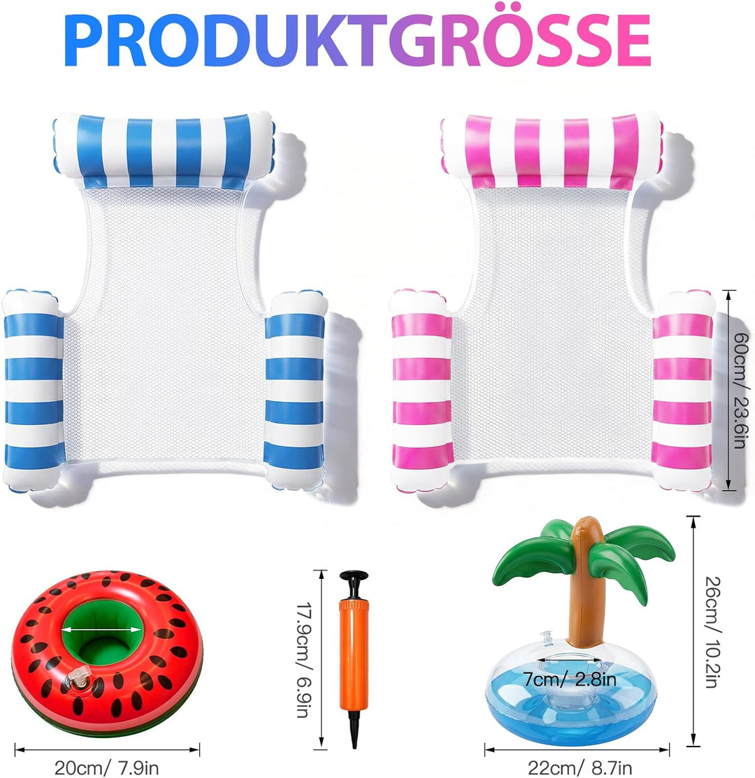 2 Stück Luftmatratze Wasser mit 1 Luftpump und 2 Getränkehalter，4 in 1 Wasserhängematte mit Netz Auf