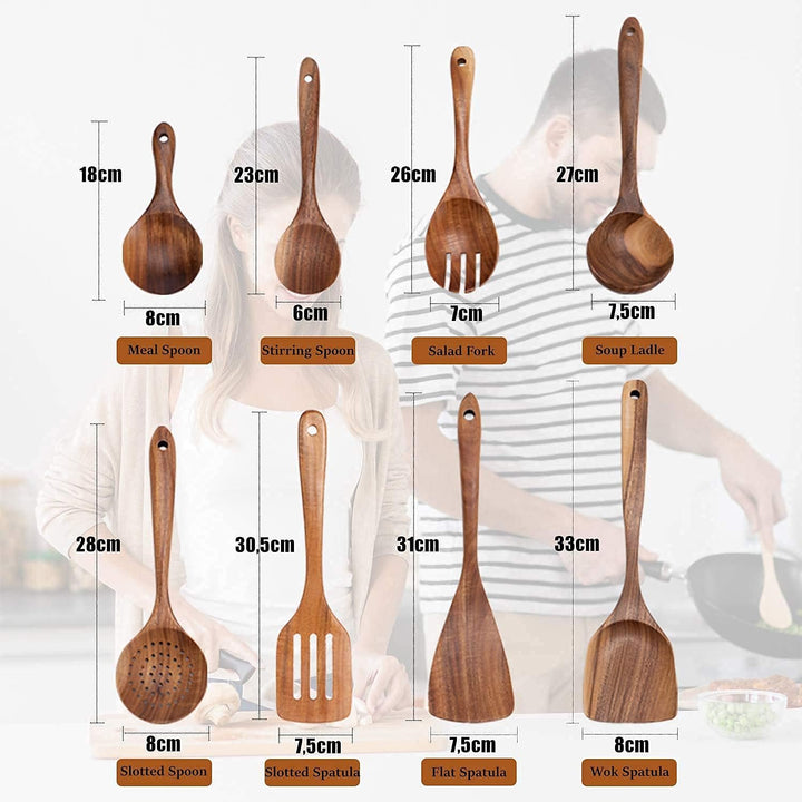 JUJOYBD Küchenutensilien Set Holz 8-tlg - Kochutensilien Set Küchenhelfer aus 100% Teak - Antihaftes