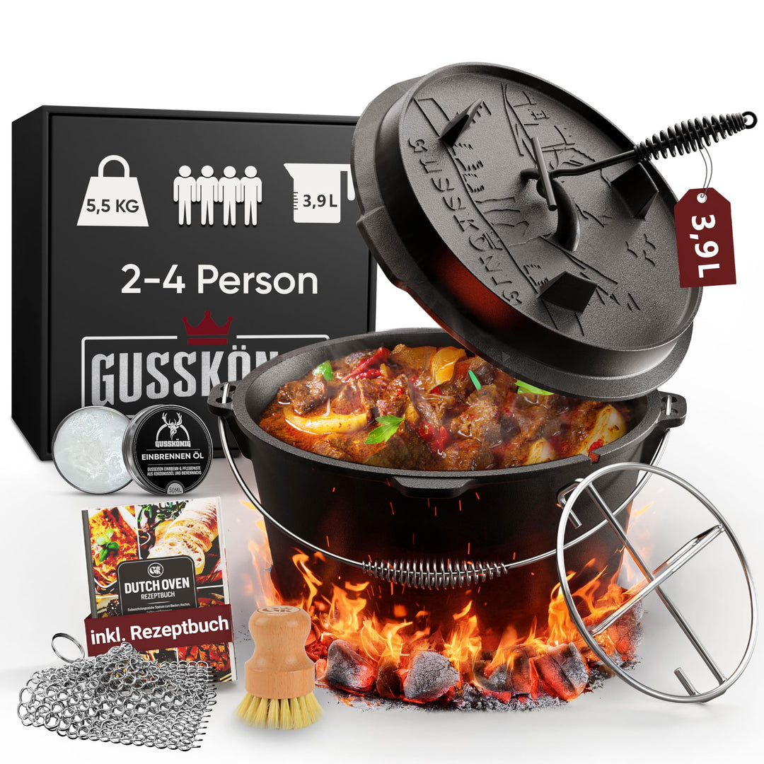 Dutch Oven Set 4,5 Liter [für 2-4 Person] – Eingebrannter Feuertopf ohne Füsse+praktischem Deckelheb