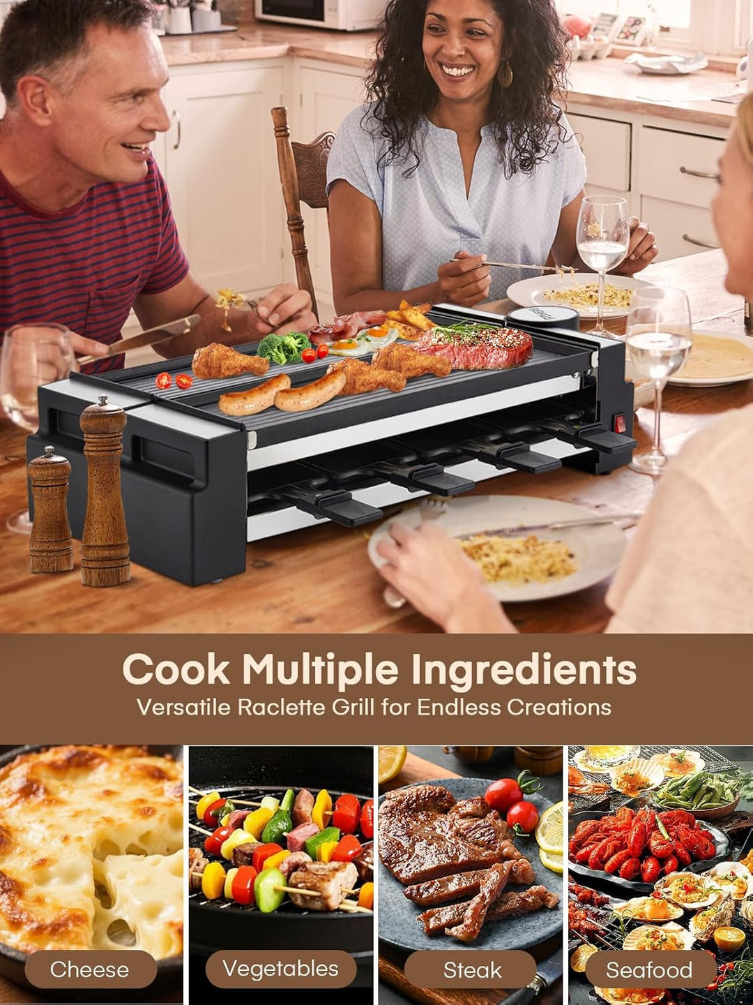 FOHERE Raclette Grill, Drehbarer Raclette 8 Personen mit Antihaftbeschichteter Backplatte und 8 Käse