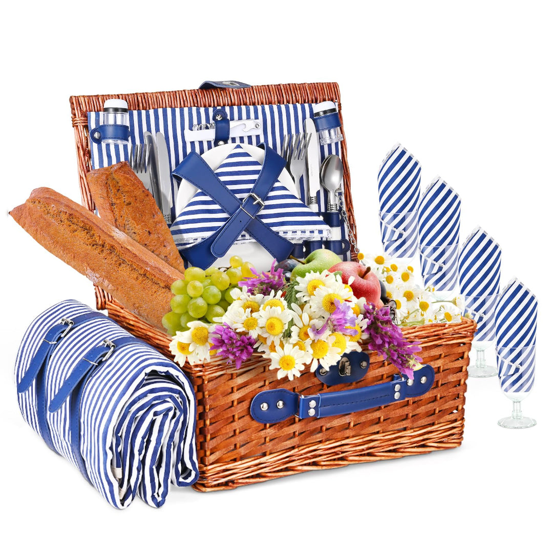 Picknickkorb 4 Personen, Wicker Picknickkorb für 4 Personen mit Wasserdichter Picknickdecke und Best