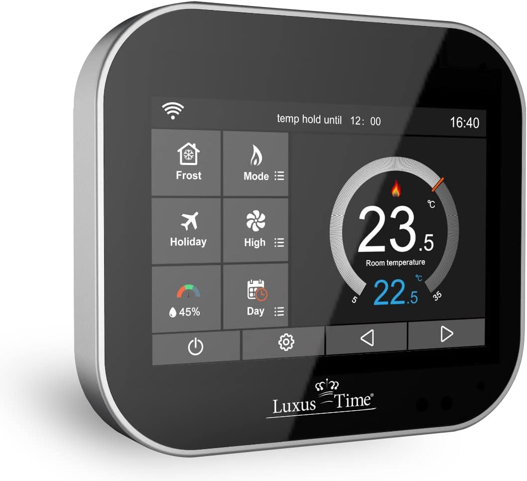 WLAN-fähiges Raumthermostat für elektrische Fussbodenheizungen in Schwarz mit Kindersicherung