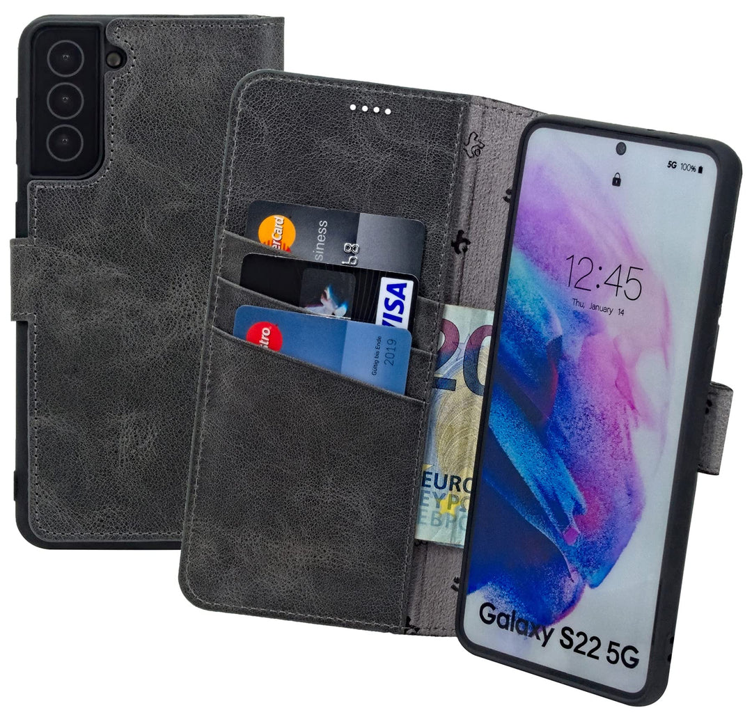 Suncase Book-Style Hülle kompatibel mit Samsung Galaxy S22 5G Leder Tasche (Slim-Fit) Lederhülle Han