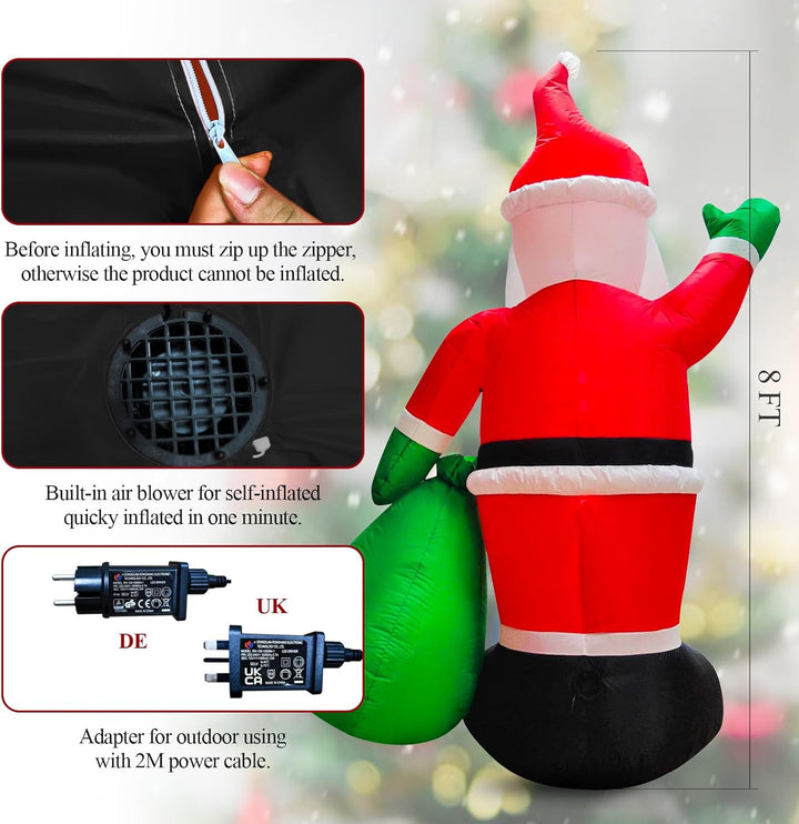 245cm Aufblasbar Weihnachtsmann mit LED Lichtern | 8 FT Aufblasbar Weihnachtsdeko IP44 Wasserdichter