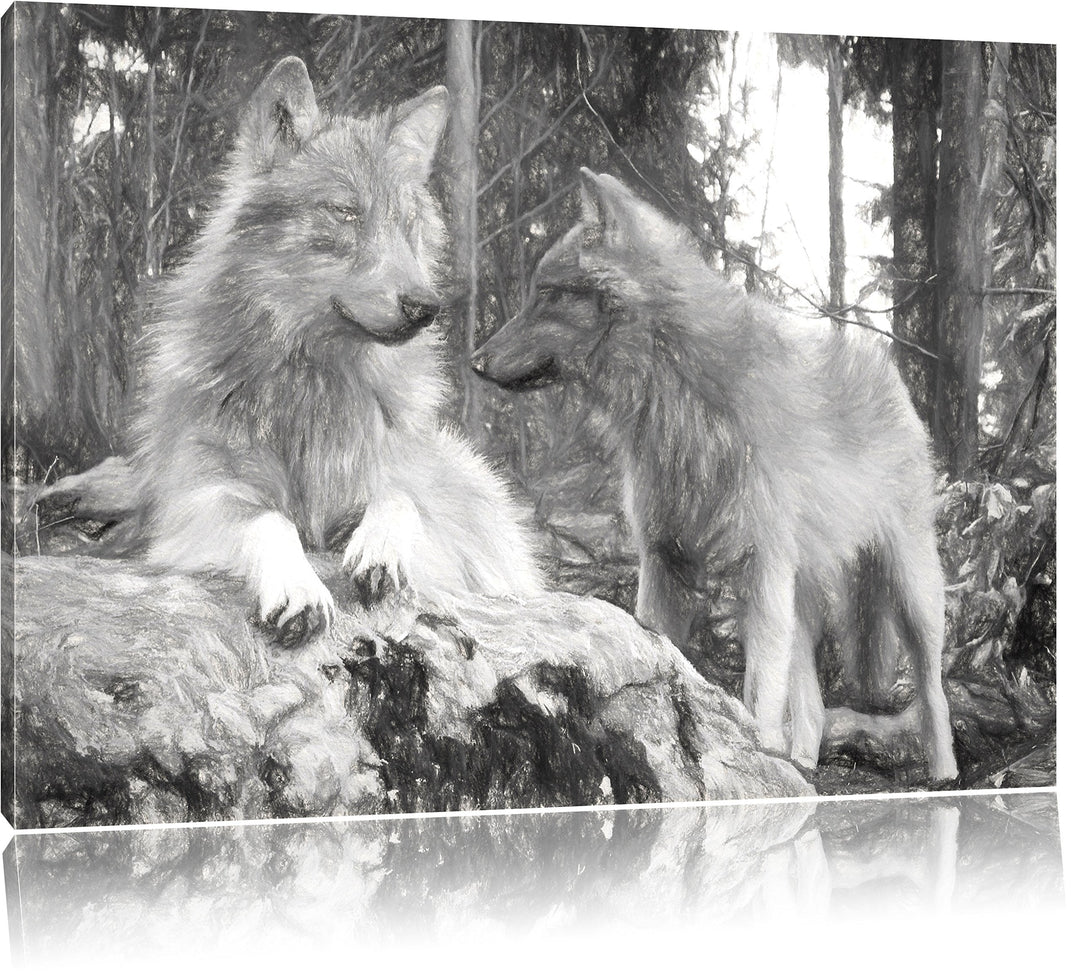 Pixxprint Wölfe im Wald Kunst / 100x70cm Leinwandbild bespannt auf Holzrahmen/Wandbild Kunstdruck De