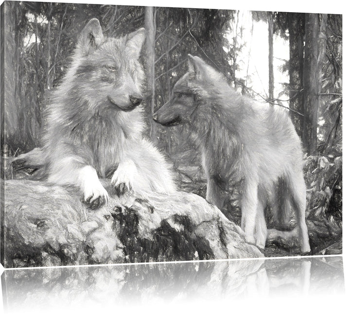 Pixxprint Wölfe im Wald Kunst / 100x70cm Leinwandbild bespannt auf Holzrahmen/Wandbild Kunstdruck De