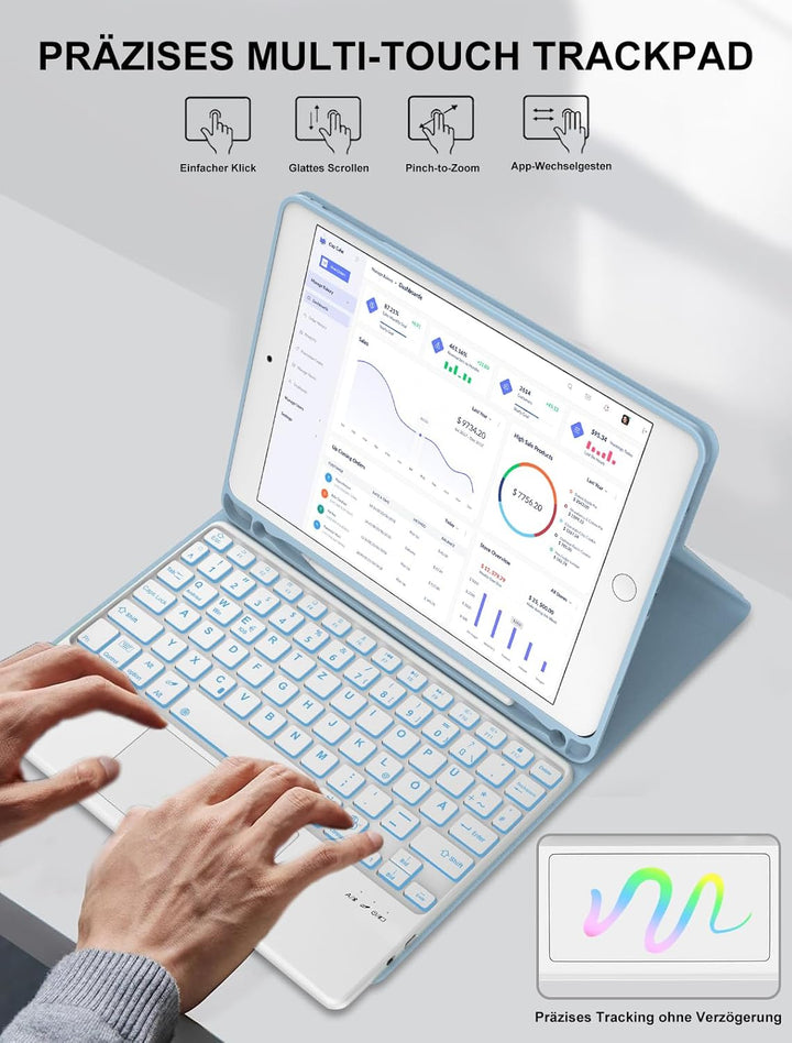 JADEMALL Für iPad 9,7" Hülle mit Tastatur & Touchpad – 7-Farb LED, Deutsch QWERTZ, Bluetooth 5.0 für
