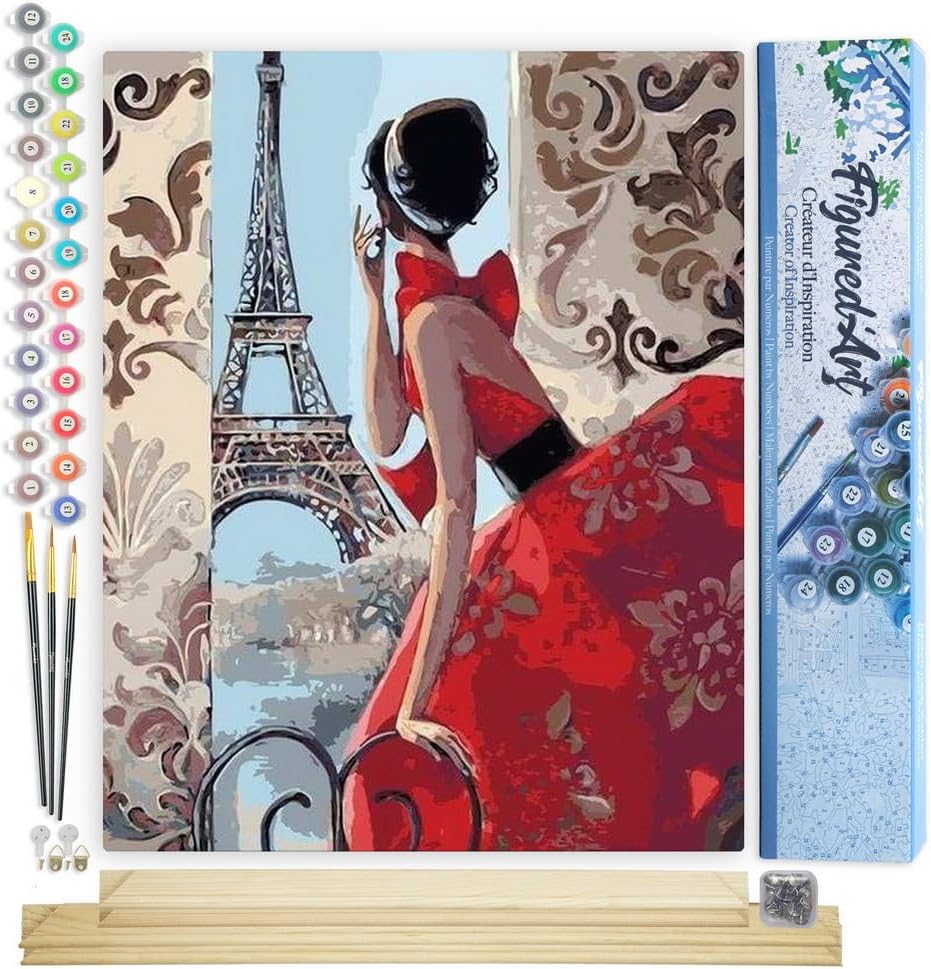 Figured'Art Malen Nach Zahlen Erwachsene Mit Rahmen Schöne Frau und Eiffelturm - Paint by Numbers Ba