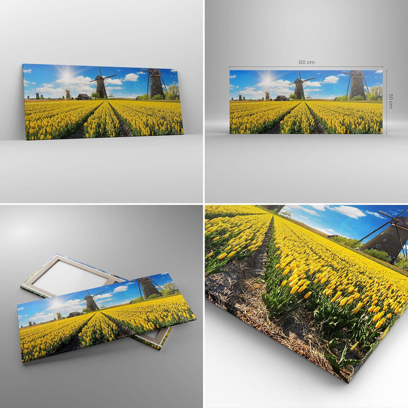 ARTTOR Wandbilder Dekoration Wohnzimmer Tulpen Windmühle Wiese Landschaft Bilder auf Leinwand 120x50