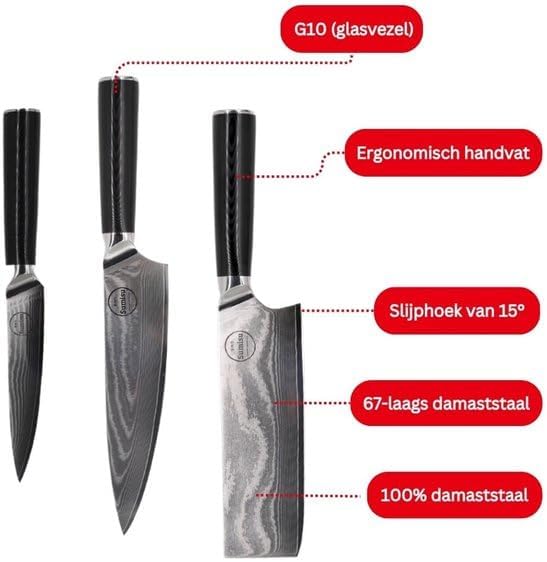 Japanische Messerset 3-teilig, Black Kollektion, 100% Damastmesser, Geliefert in luxuriöser Geschenk