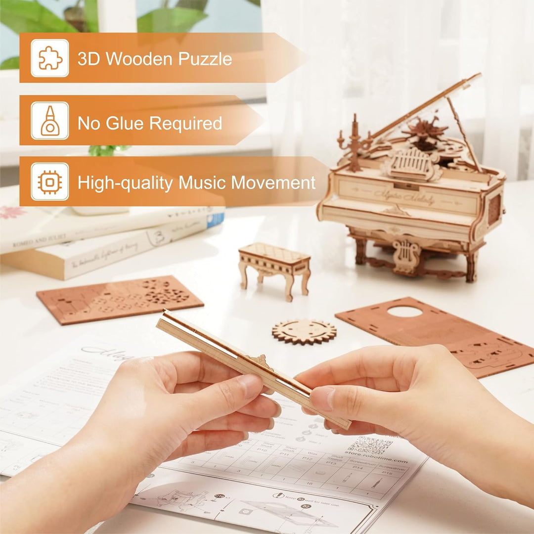 ROBOTIME 3D Puzzle Holz Magic Piano Spieluhr, Modellbausatz für Erwachsene zu Bauen, Getriebe Holzpu