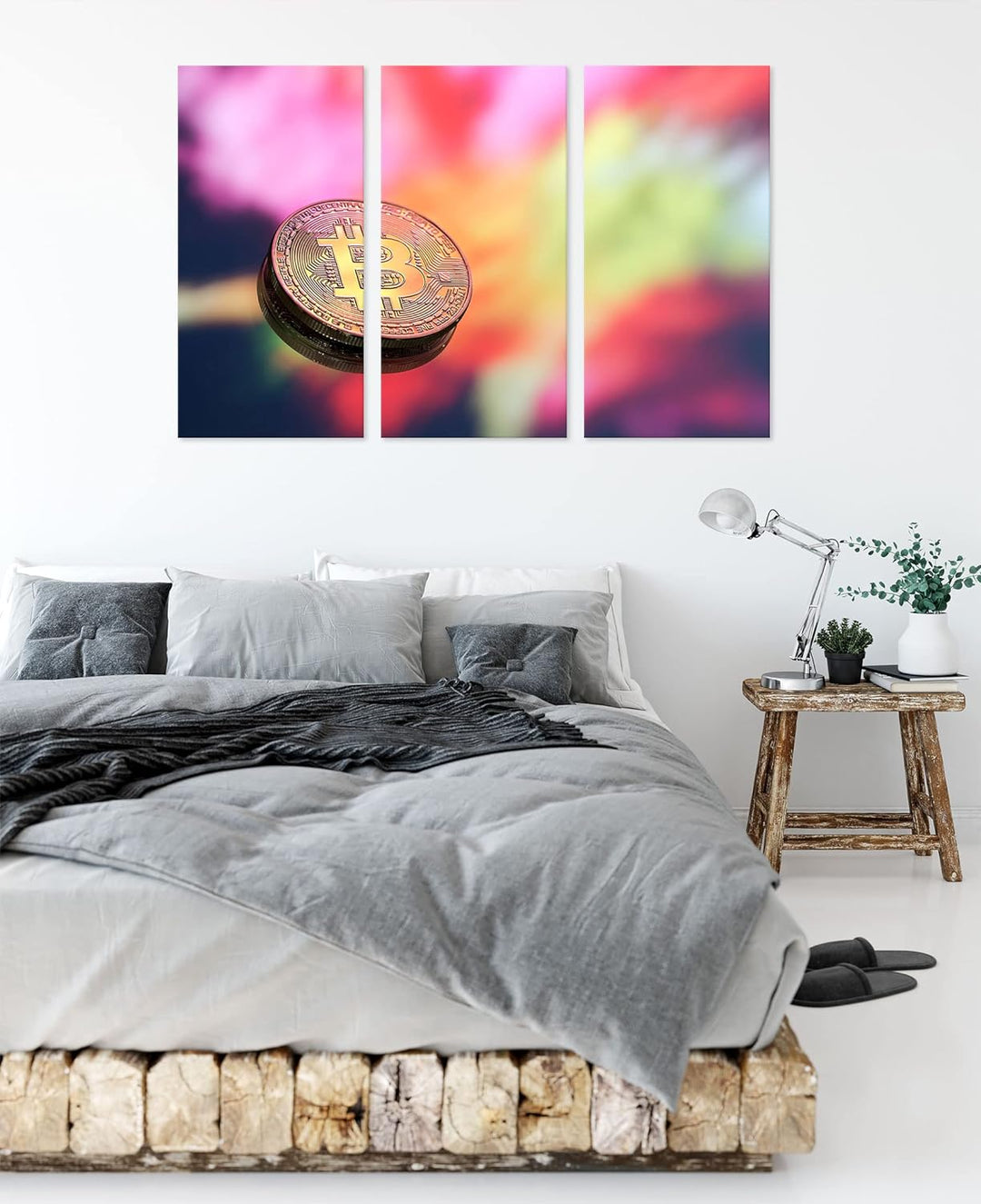 Bitcoin BTC bunte Darstellungals Leinwandbild 3 teilig | Grösse: 120x80 cm | Wandbild | Kunstdruck |