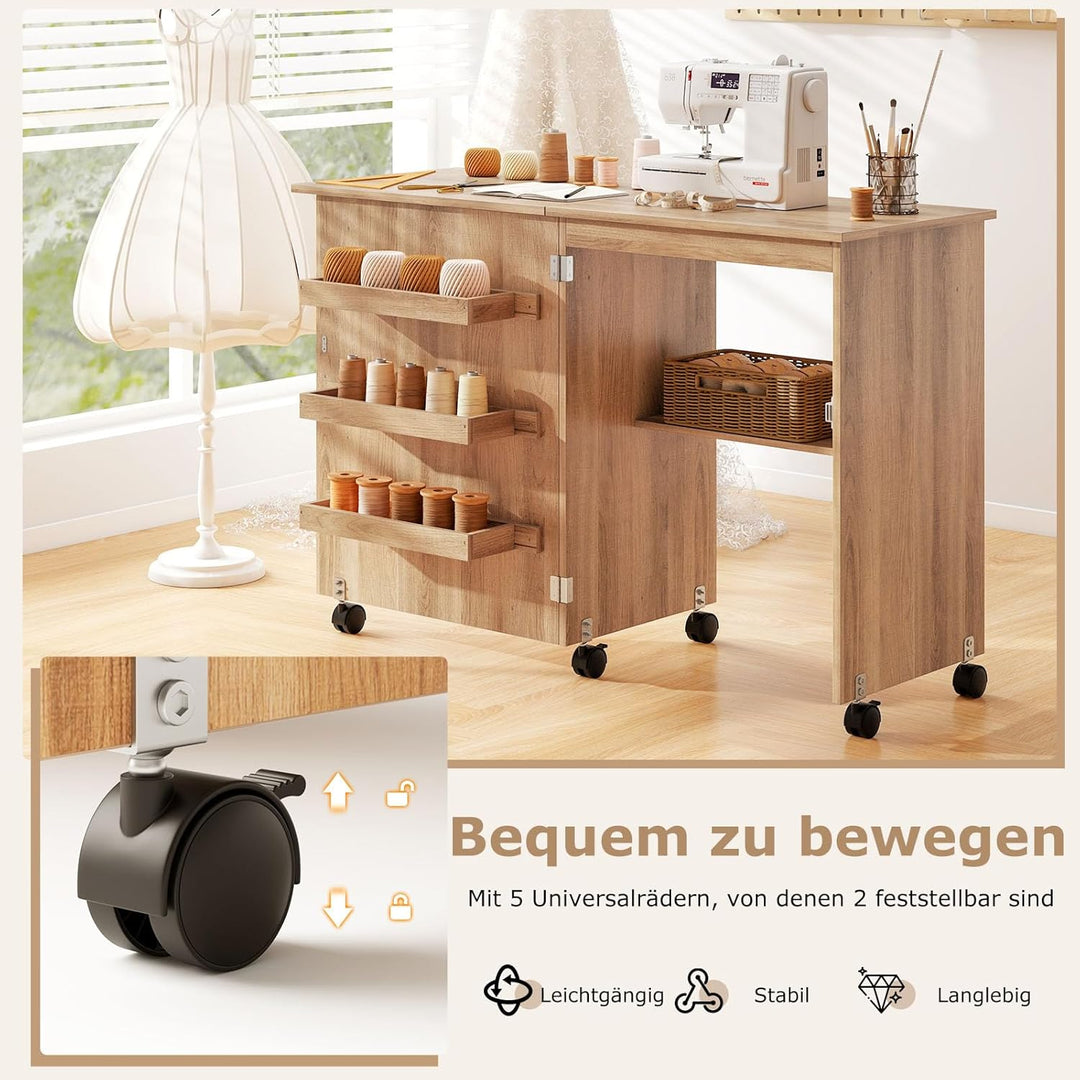 GIANTEX Nähtisch klappbar, Nähmaschinentisch auf Rollen, Nähtisch für Nähmaschine, Nähschrank Holz,