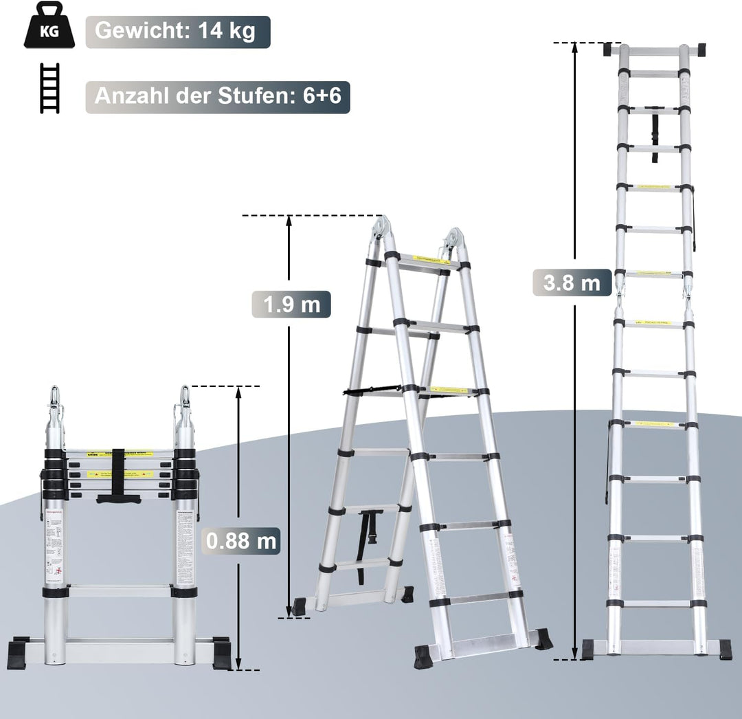 Sonnewelt 3.8M (1,9+1,9) Teleskopleiter, Rutschfester Aluminium Stehleiter, 150 kg/330 Pfund Belastb