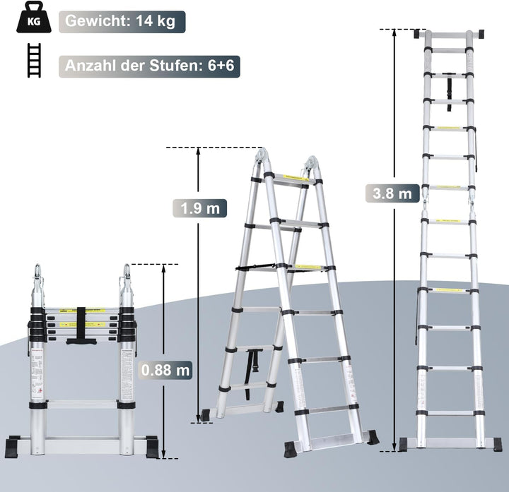 Sonnewelt 3.8M (1,9+1,9) Teleskopleiter, Rutschfester Aluminium Stehleiter, 150 kg/330 Pfund Belastb