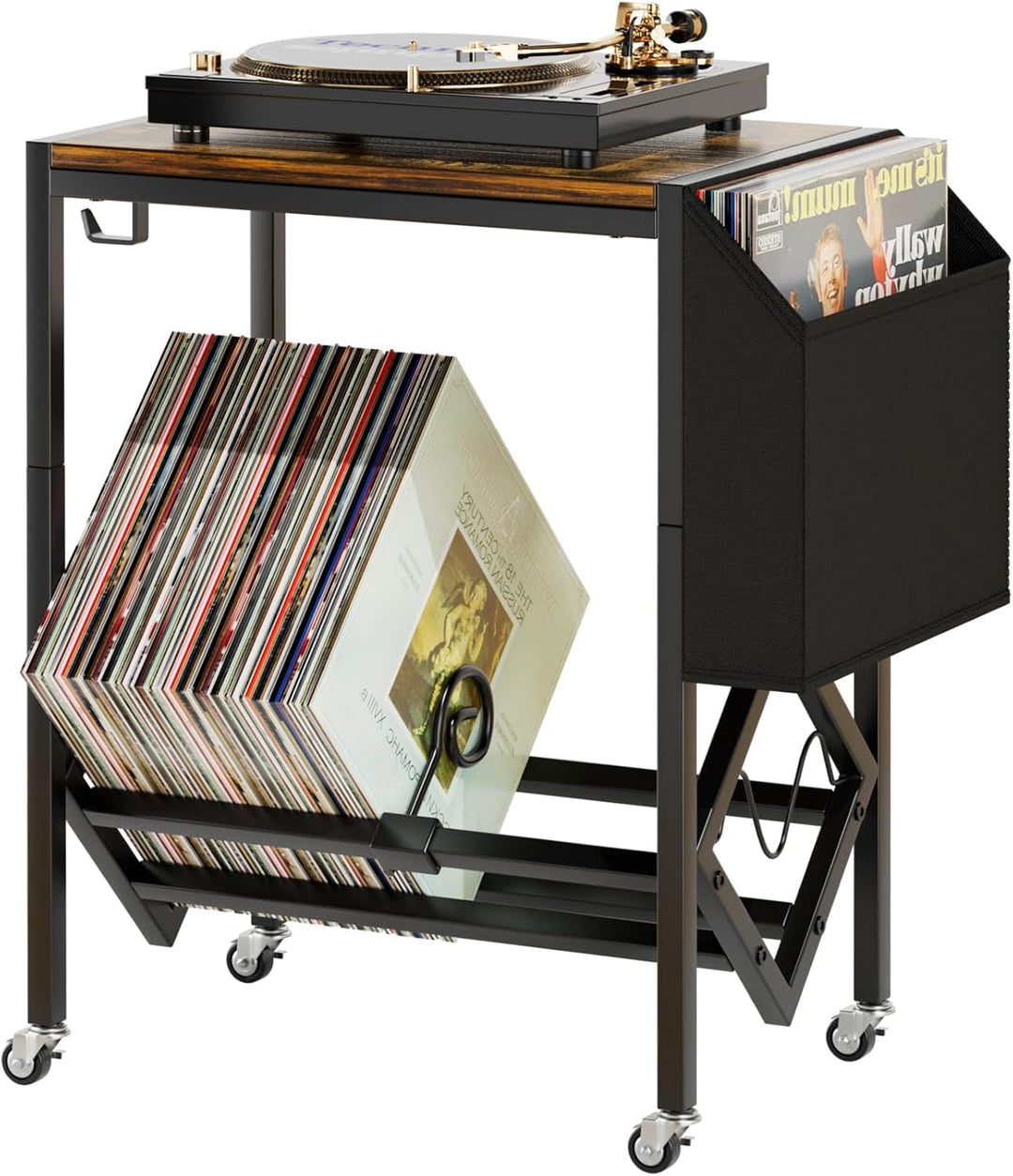 EKNITEY Vinyl Schallplatten Aufbewahrung Ständer - 80-Platten Retro Stahl-Holz Ständer mit organisie