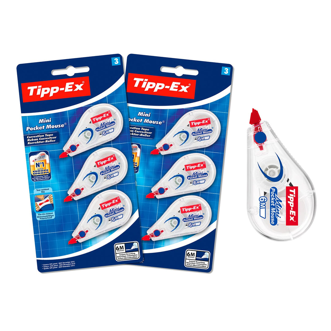 Tipp-Ex Korrekturroller Mini Pocket Mouse, Korrekturmaus, 6 m x 5 mm, 2x3er Pack, Ideal für das Büro