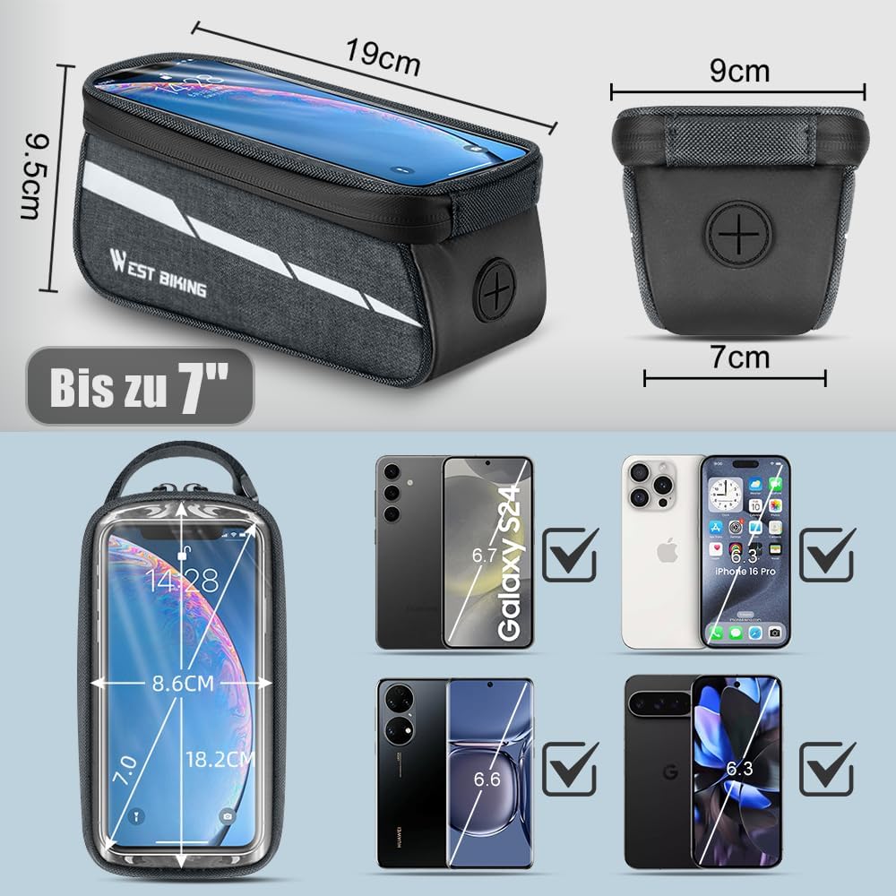 Fahrrad Rahmentasche Lenkertasche mit Handytasche, 1L Oberrohrtasche mit Touchscreen für Smartphone