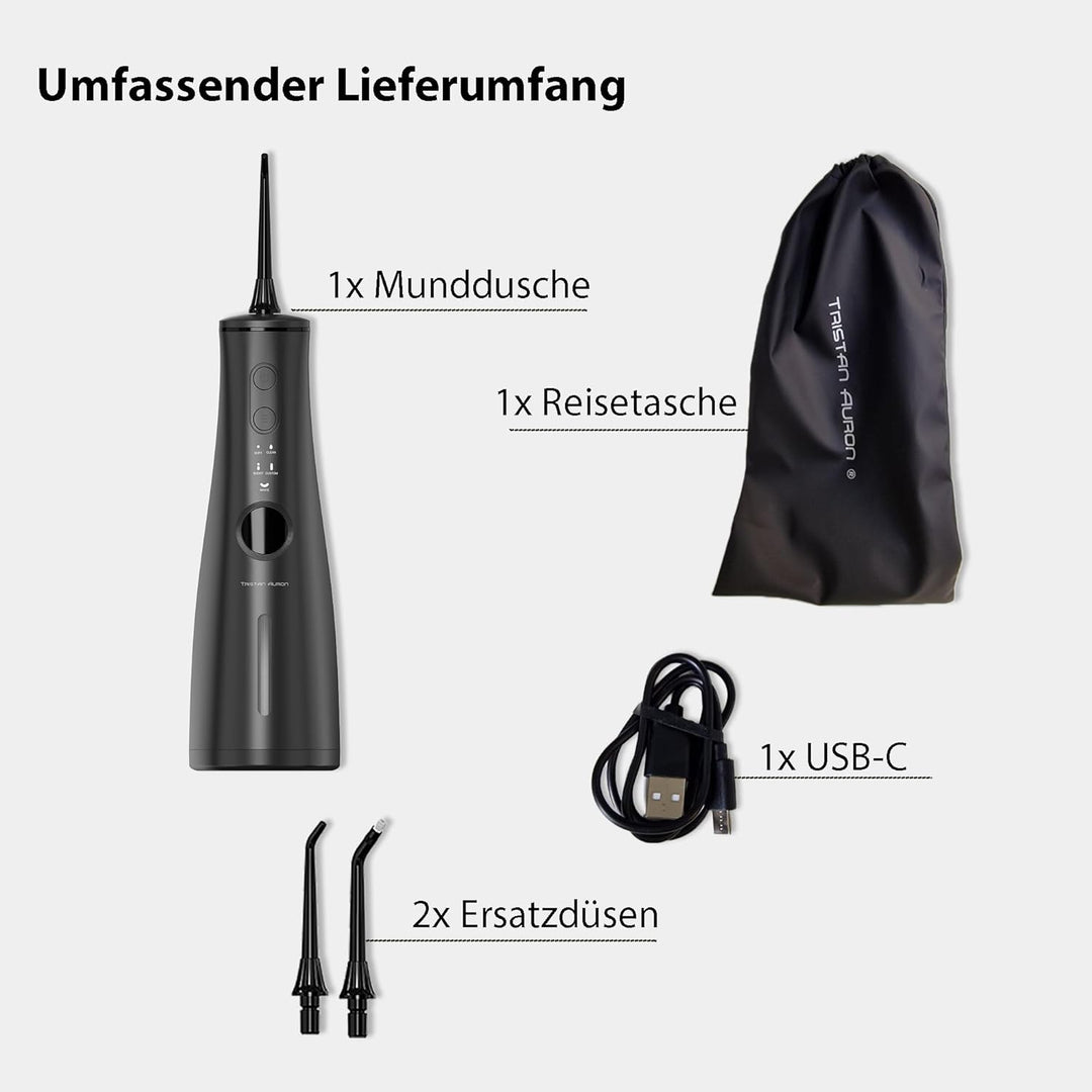Tristan Auron Munddusche – 2 Ersatzdüsen und Reisetasche, 5 Modi, 8 Druckstufen inkl. Shoot Modus, 3