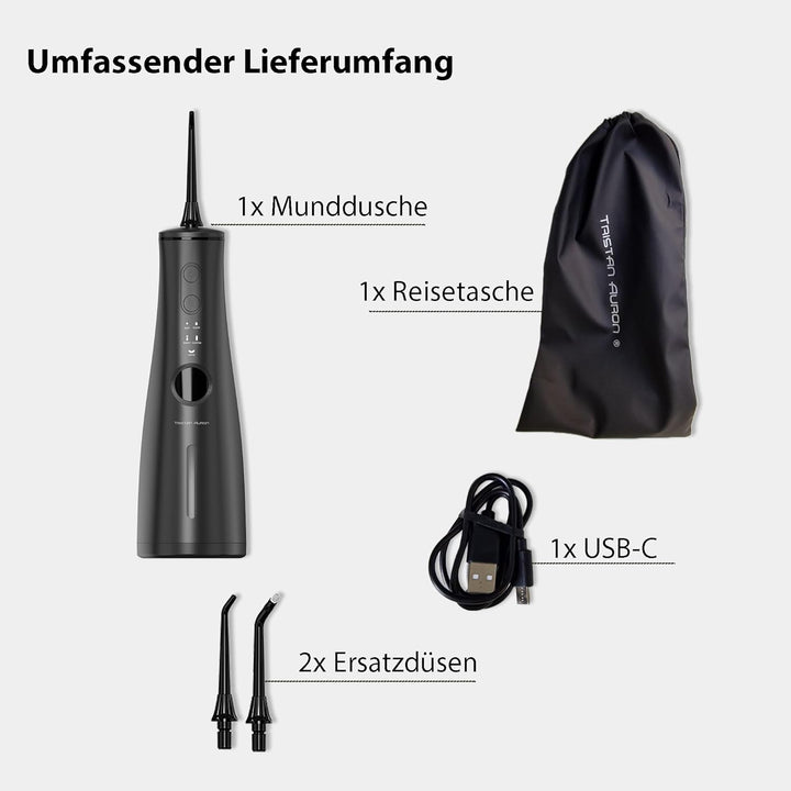 Tristan Auron Munddusche – 2 Ersatzdüsen und Reisetasche, 5 Modi, 8 Druckstufen inkl. Shoot Modus, 3