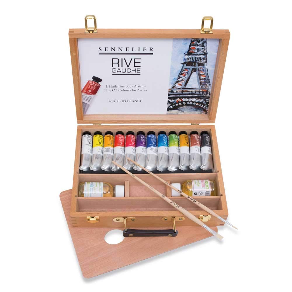Sennelier Rive Gauche Oil Wooden Box Set by, Includes 12-40ml Tubes of Oil Color, 100ml Thinner, 100