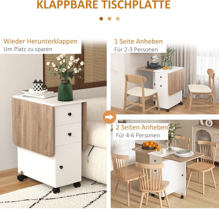 HOMCOM Faltbarer Küchentisch, Esstisch, 2 Klapptische mit 2 Schubladen, 1 Schrank und 1 Aufbewahrung