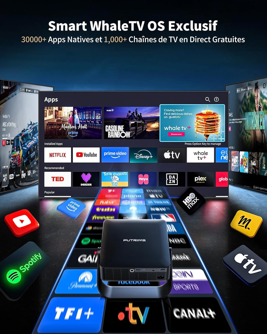 Mini-Beamer, tragbar, 4 K, Projektor, WiFi, Bluetooth, 1080P, FHD, unterstützt integrierte Apps, PUT