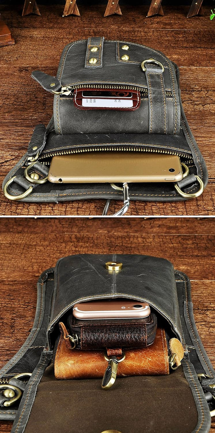 Le'aokuu Herren Echtes Leder Tasche Hüfttasche Gürteltasche Drop Leg Thigh Bag Hip Fanny Bum Belt We