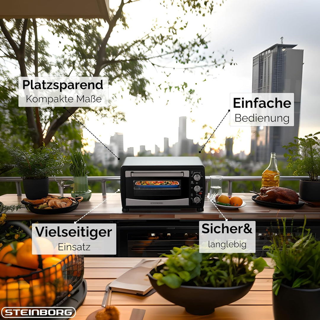Steinborg® Mini Backofen mit Umluft 20 Liter Pizzaofen Krümelblech Umluftfunktion Ober- und Unterhit