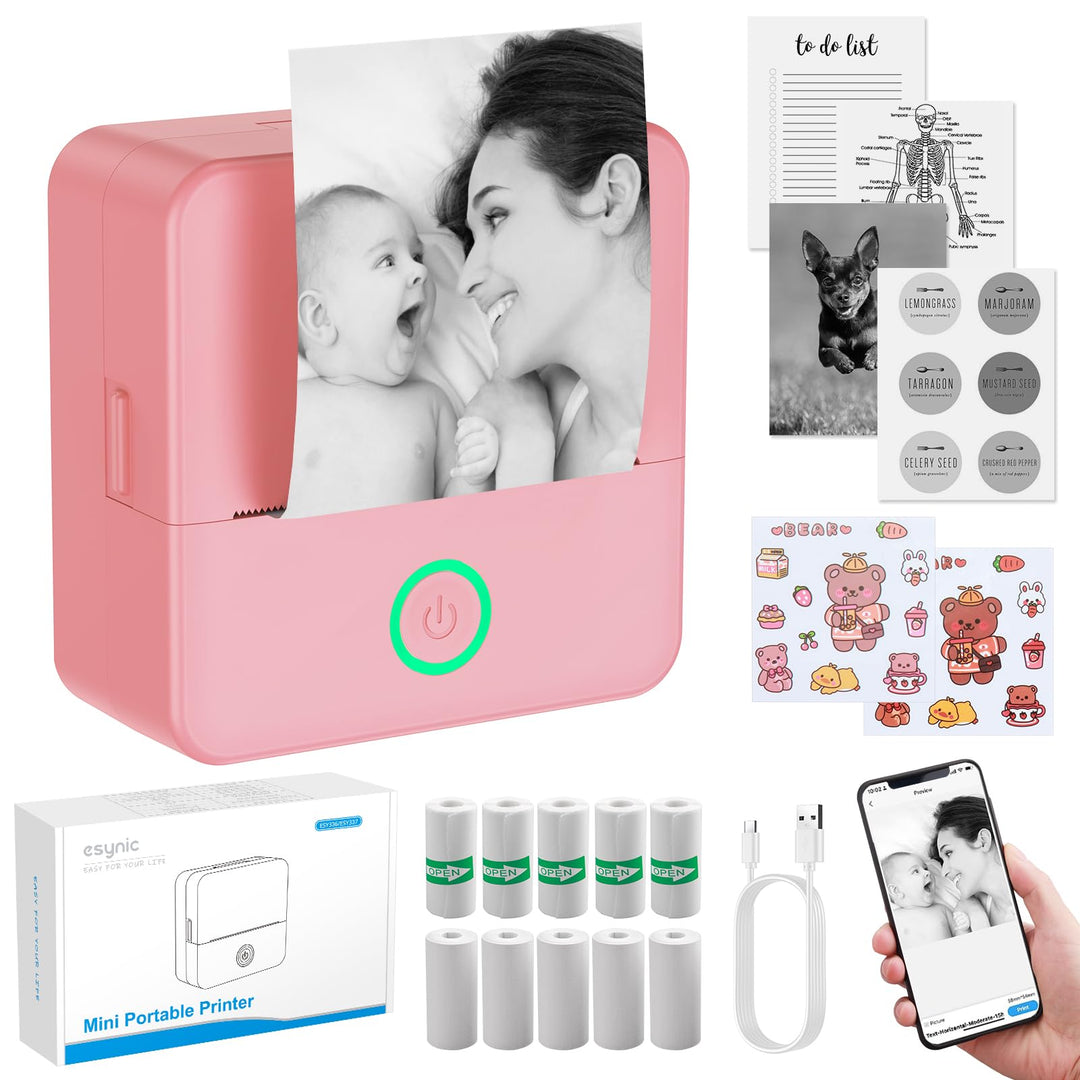 eSynic Mini Drucker – 200 DPI Thermodrucker Bluetooth Drucker für Smartphone, Kompakt und Tragbar, K