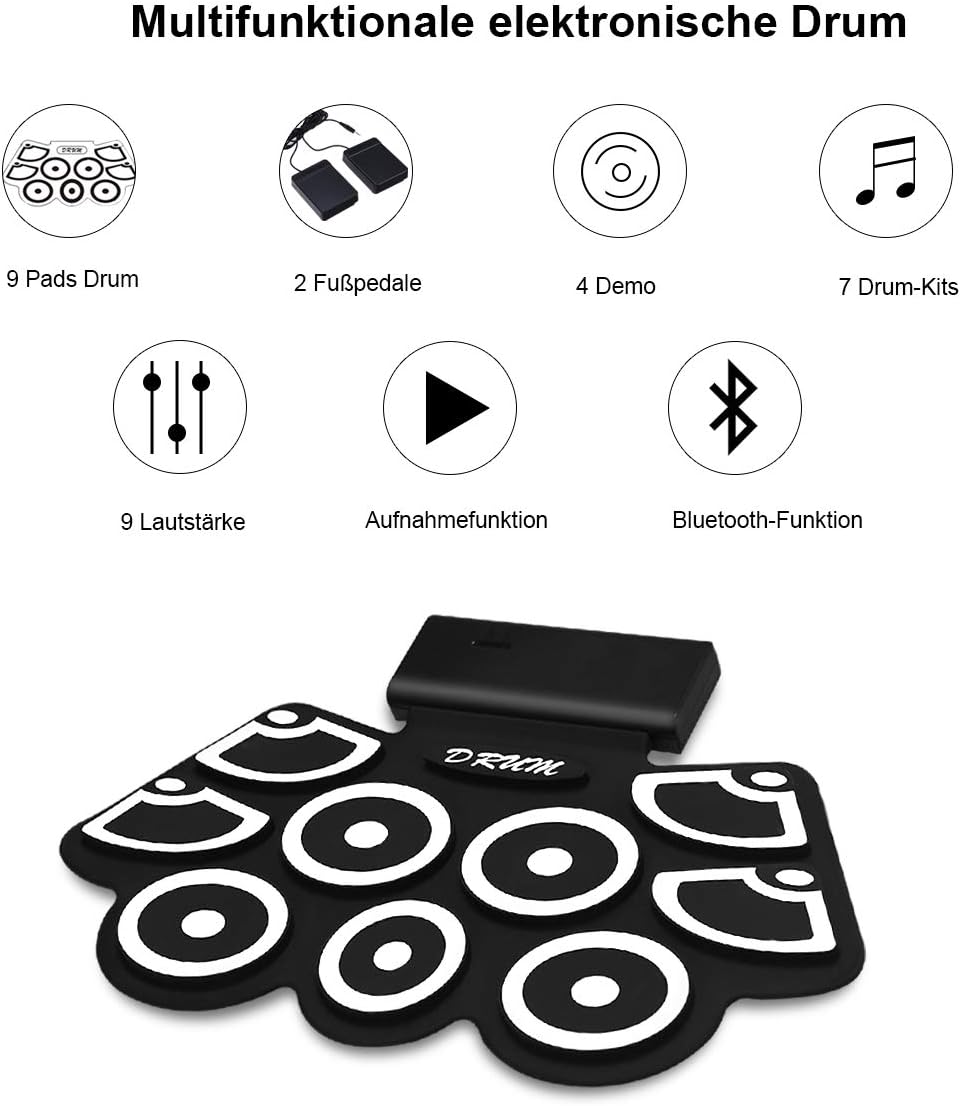 COSTWAY 9 Pads E-Drum, elektronisches Schlagzeug Set mit Bluetooth, Roll-Up-Trommel inkl. Pedale und