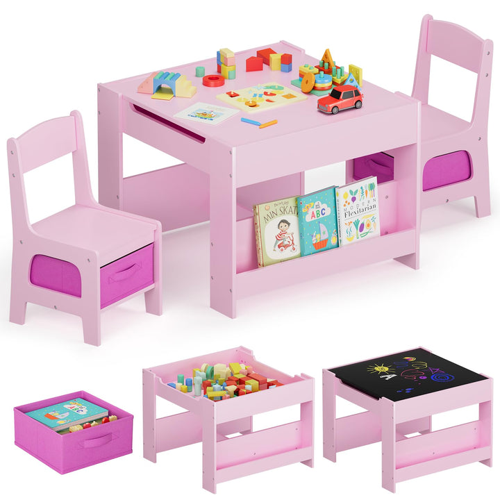 MAMIZO Kindertisch mit 2 Stühlen, 3 in 1 Kinder Tisch Stuhl Set, Kindermöbel Set aus Holz mit Staura